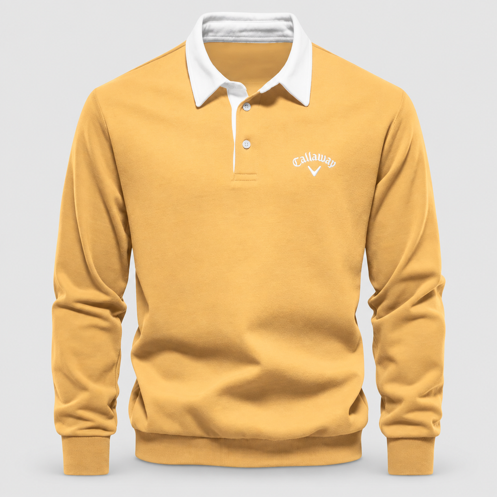 Men's Contrast-Collar Long-Sleeve Button-Placket Polo Jumper in Yellow — view 6