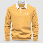 Men's Contrast-Collar Long-Sleeve Button-Placket Polo Jumper in Yellow — view 6