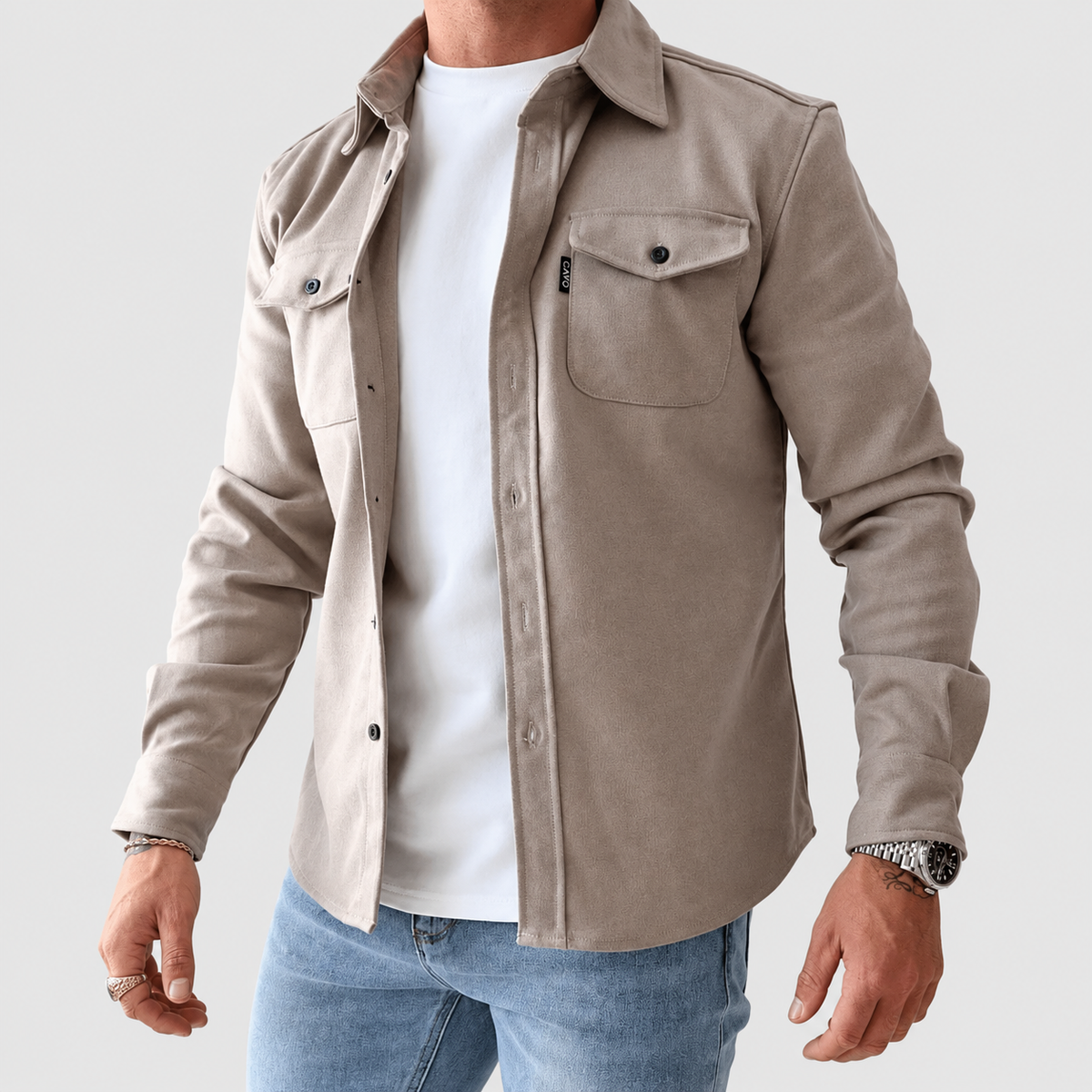 Men's Slim-Fit Overshirt Jacket with Dual Chest Pockets in Beige — view 2