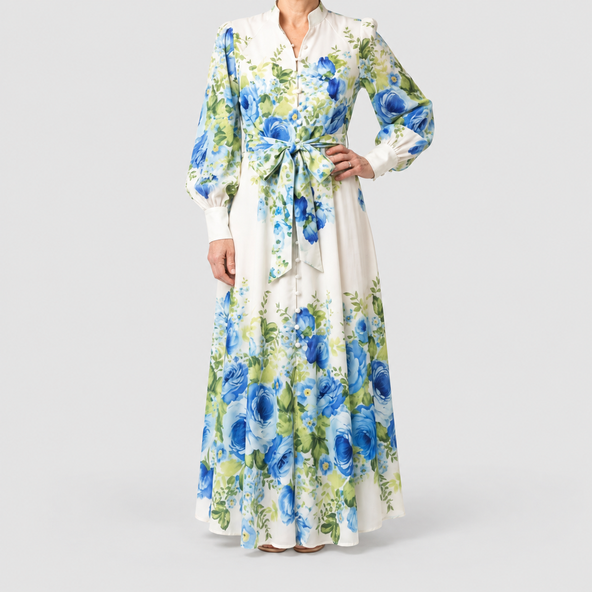Women's Long-Sleeve Floral Button-Front Maxi Dress in Green — view 1