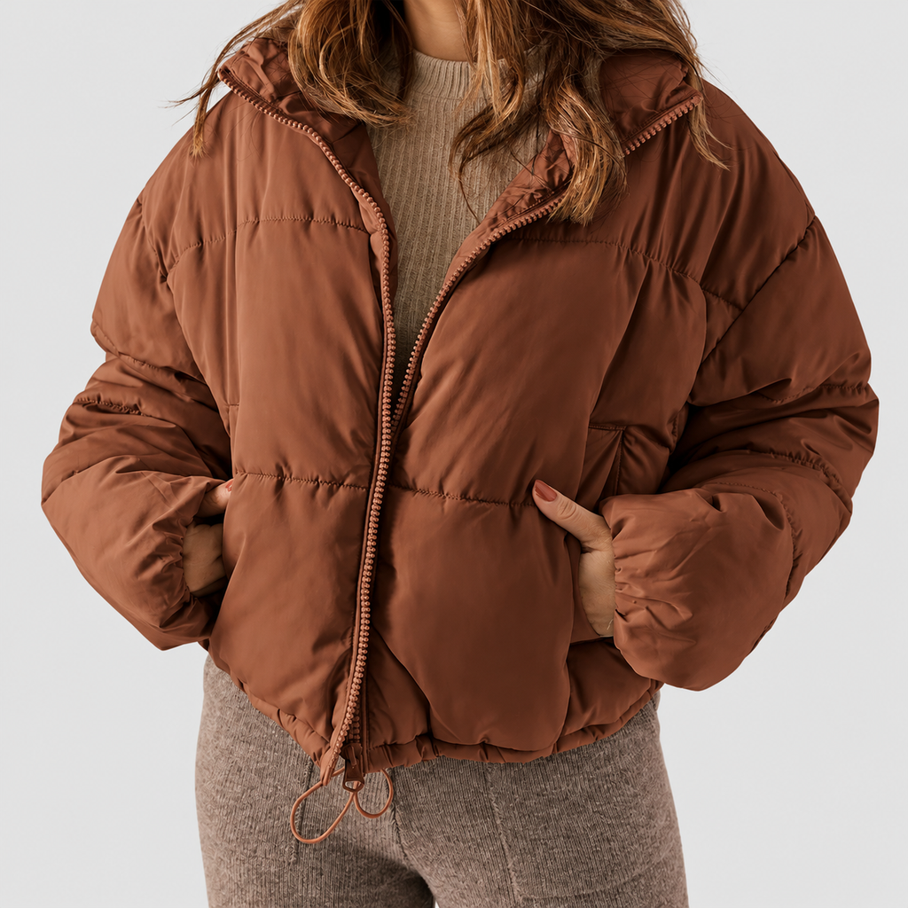 Women's Cropped Puffer Jacket with Stand Collar and Drawcord Hem in Brown — view 1