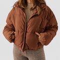 Women's Cropped Puffer Jacket with Stand Collar and Drawcord Hem in Brown — view 1