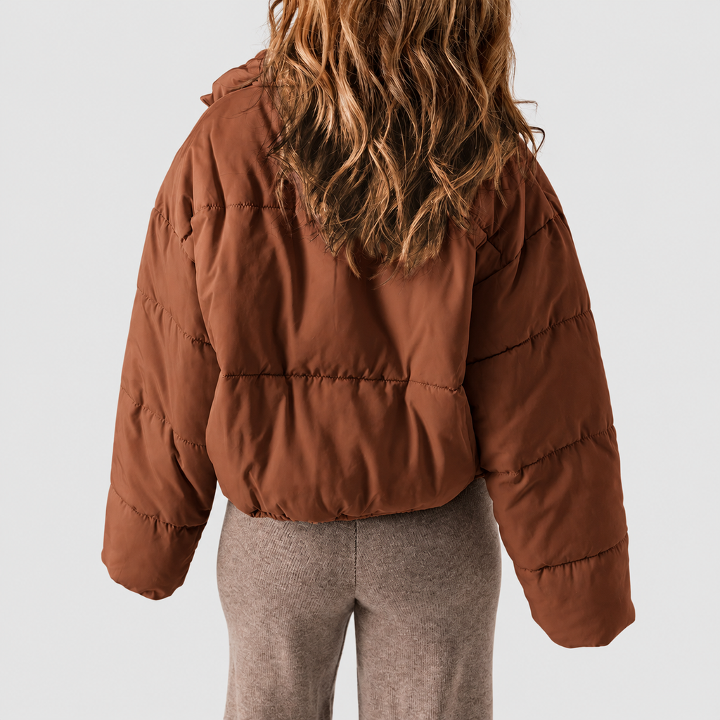 Women's Cropped Puffer Jacket with Stand Collar and Drawcord Hem — view 2