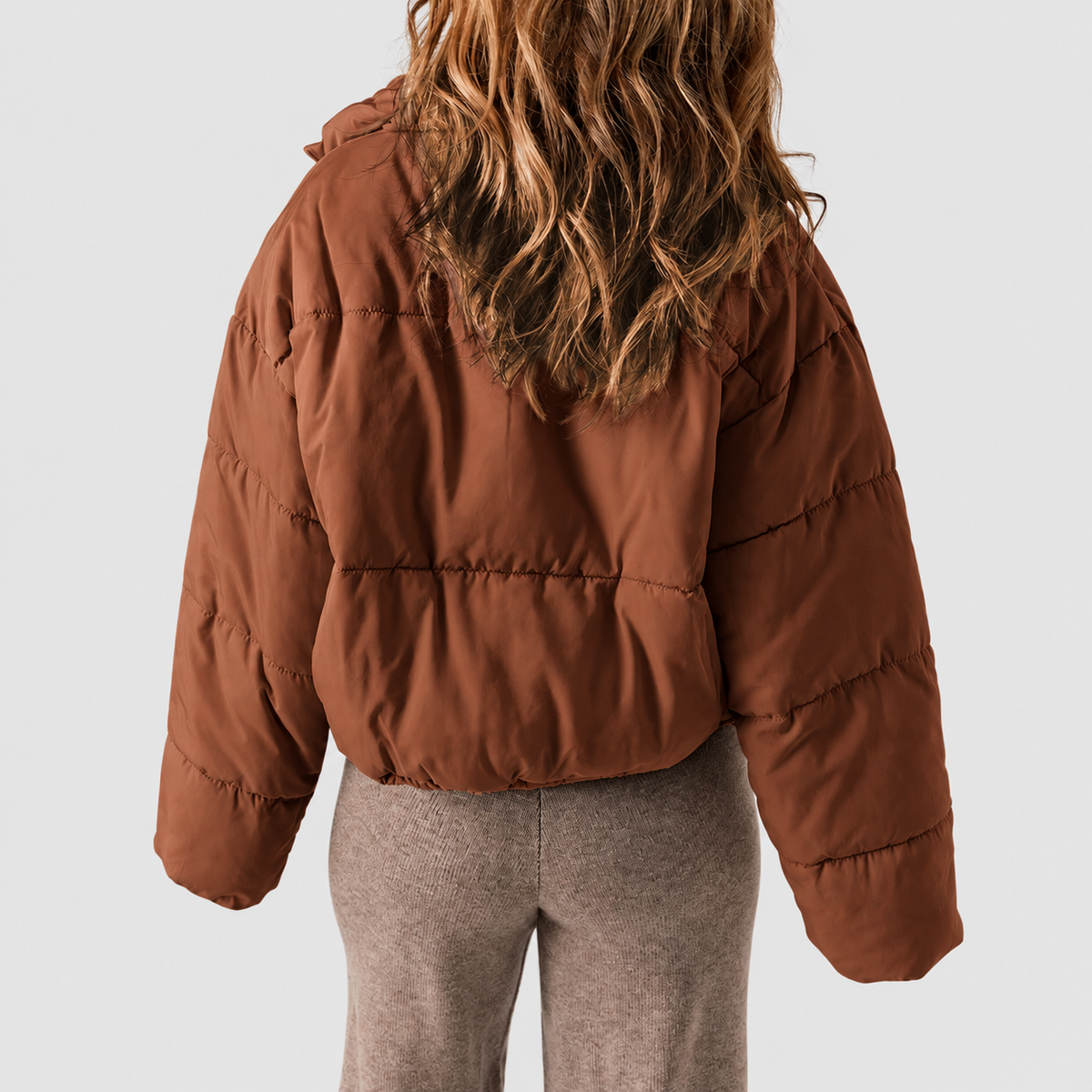 Women's Cropped Puffer Jacket with Stand Collar and Drawcord Hem — view 2