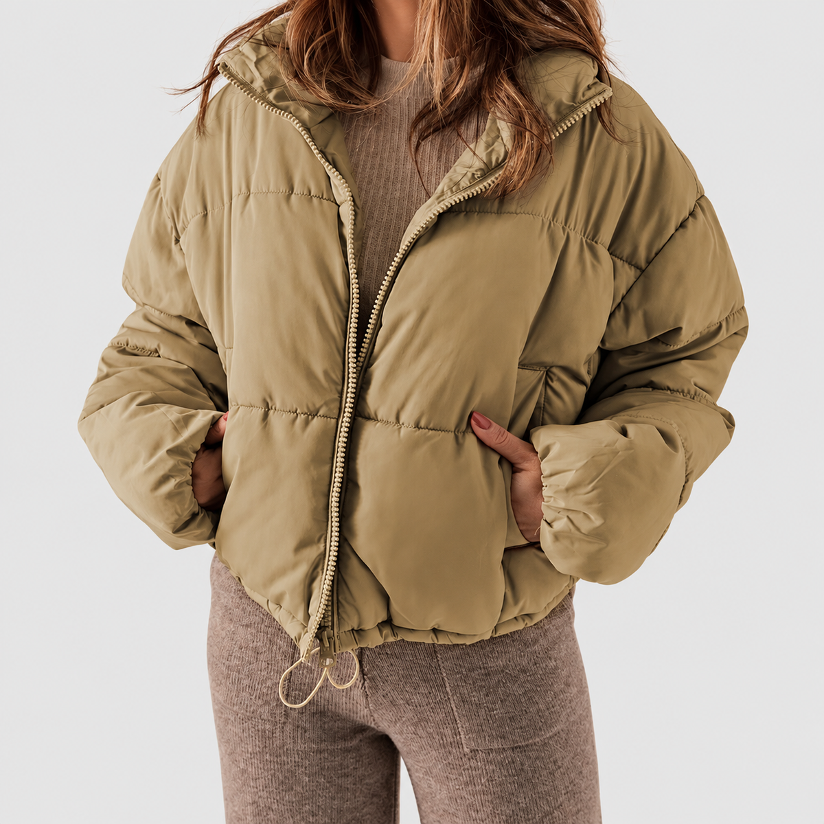 Women's Cropped Puffer Jacket with Stand Collar and Drawcord Hem in Khaki — view 3