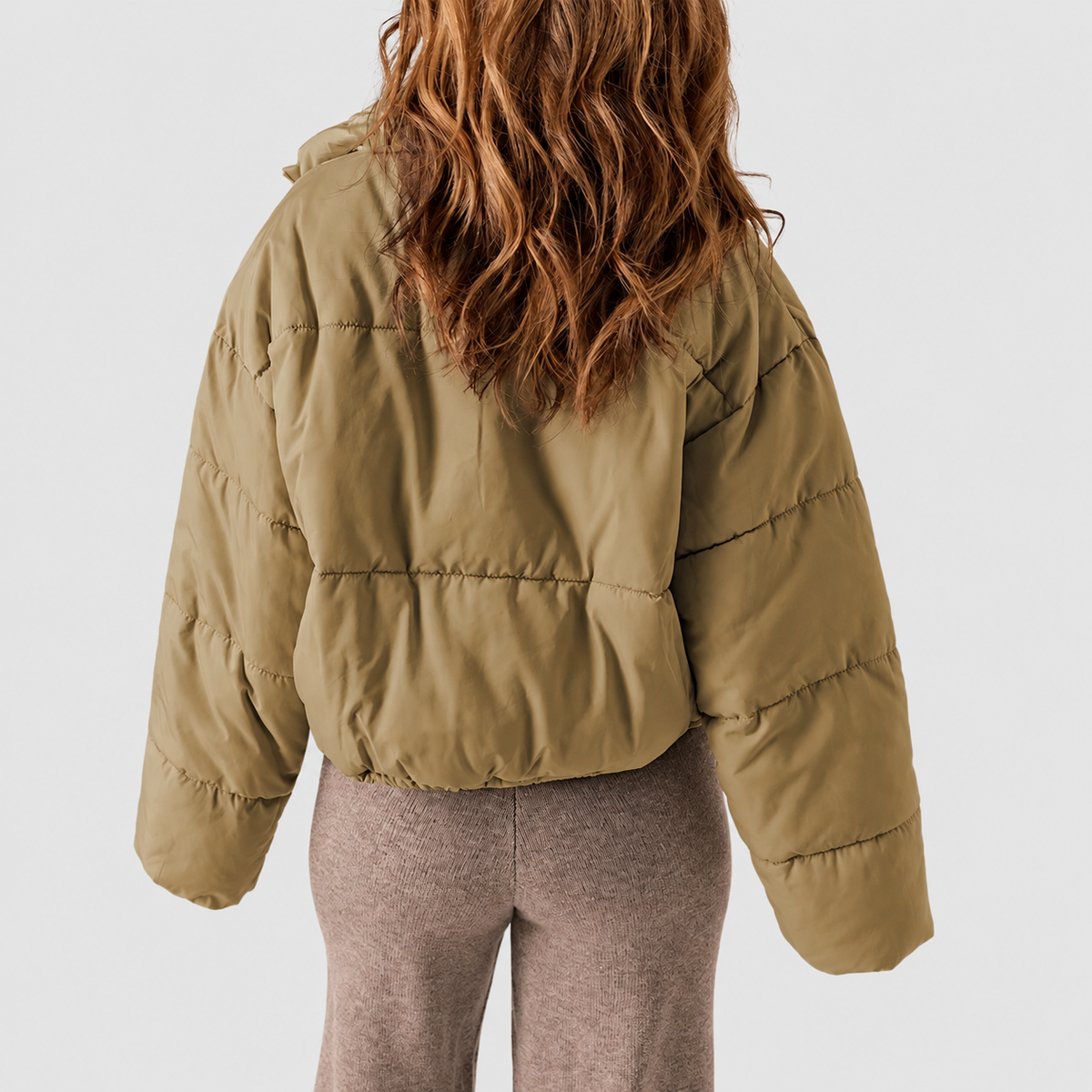 Women's Cropped Puffer Jacket with Stand Collar and Drawcord Hem — view 4