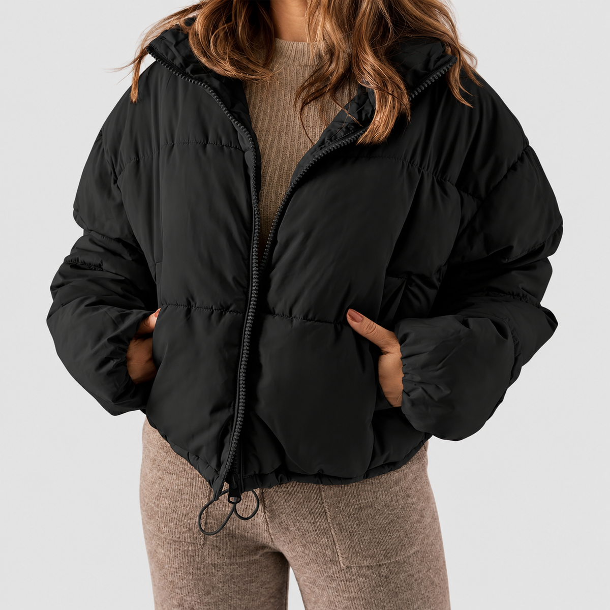 Women's Cropped Puffer Jacket with Stand Collar and Drawcord Hem in Black — view 5