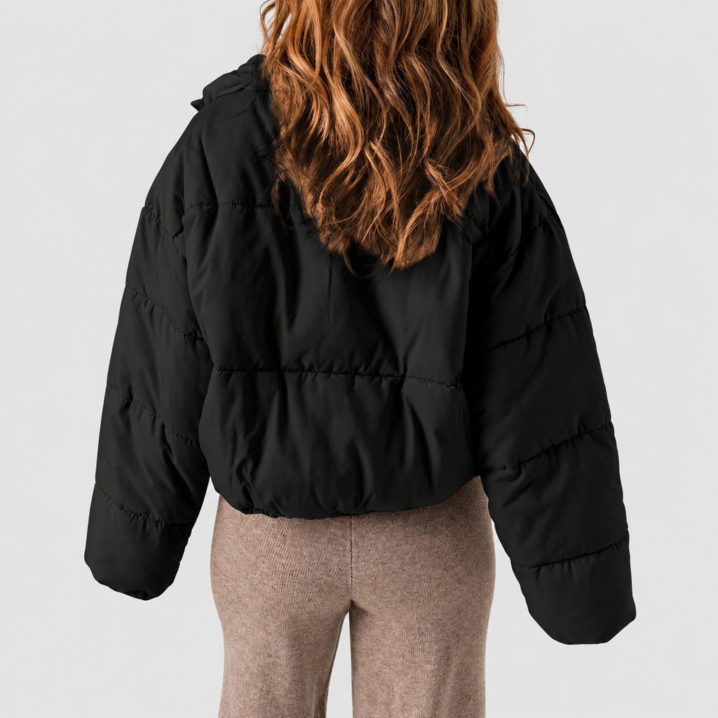 Women's Cropped Puffer Jacket with Stand Collar and Drawcord Hem — view 6