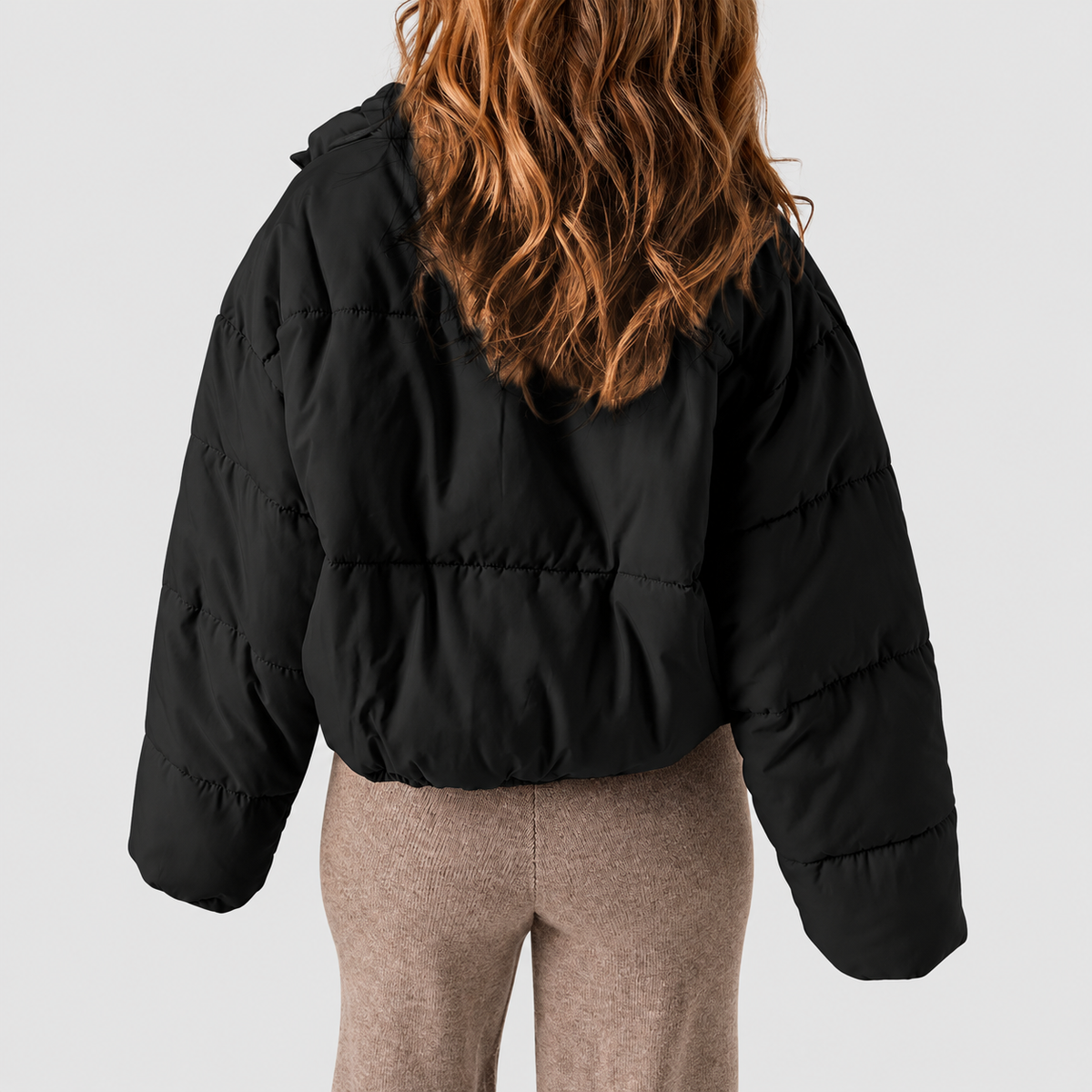 Women's Cropped Puffer Jacket with Stand Collar and Drawcord Hem — view 6
