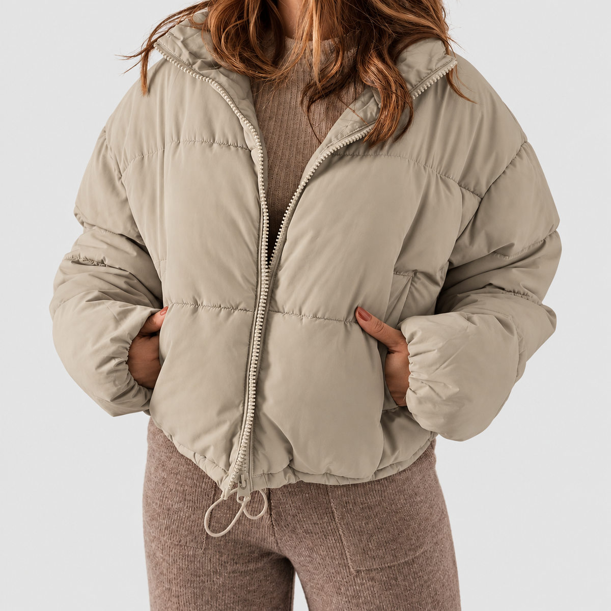 Women's Cropped Puffer Jacket with Stand Collar and Drawcord Hem in Beige — view 7