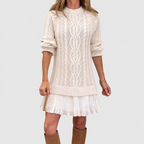 Women's Classic Cable Knit Jumper Dress with Pleated Hem in White — view 1