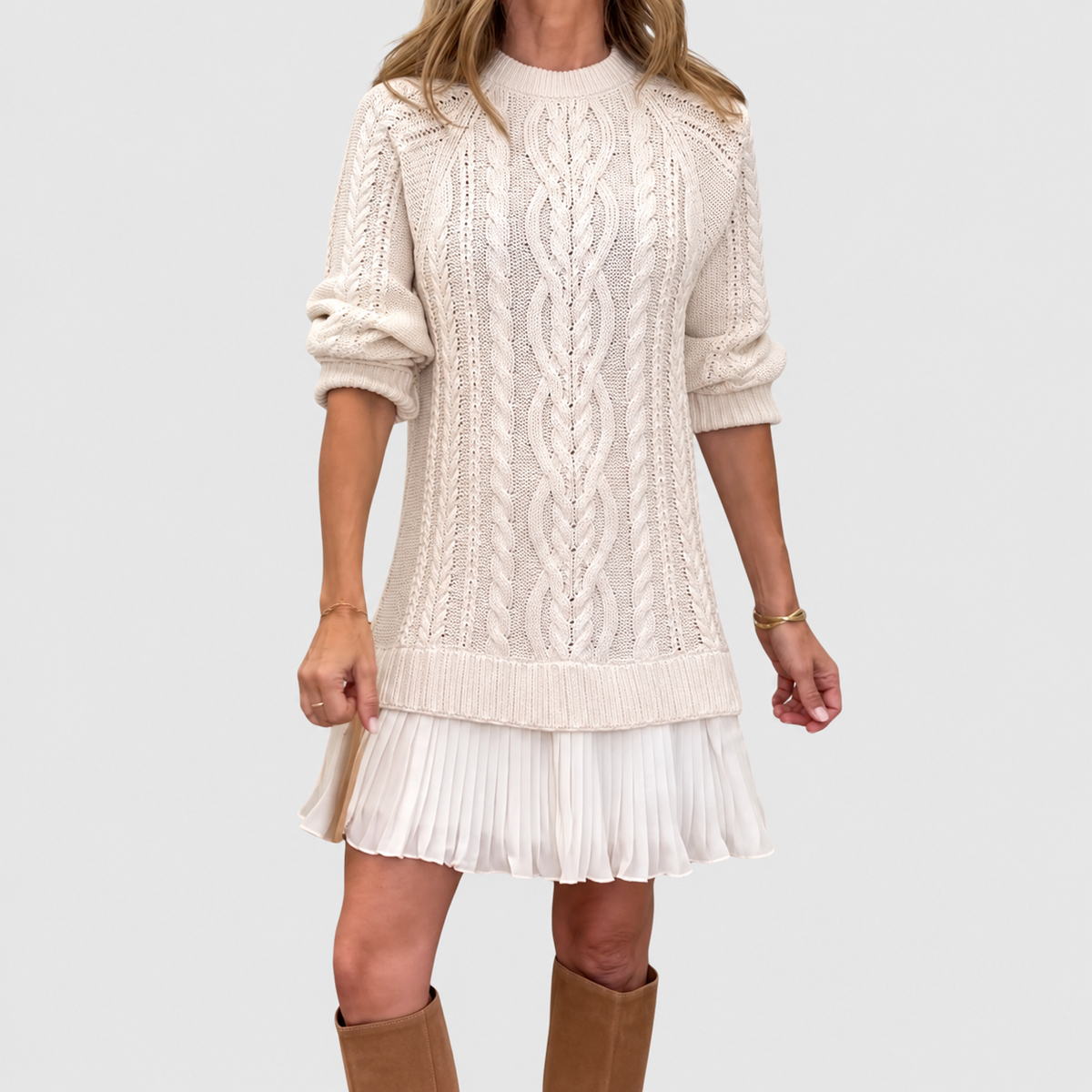 Women's Classic Cable Knit Jumper Dress with Pleated Hem in White — view 1