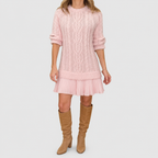 Women's Classic Cable Knit Jumper Dress with Pleated Hem in Pink — view 2
