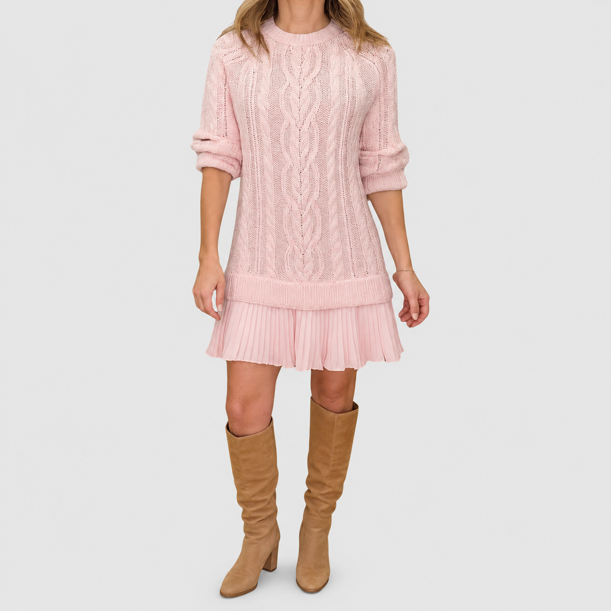 Women's Classic Cable Knit Jumper Dress with Pleated Hem in Pink — view 2