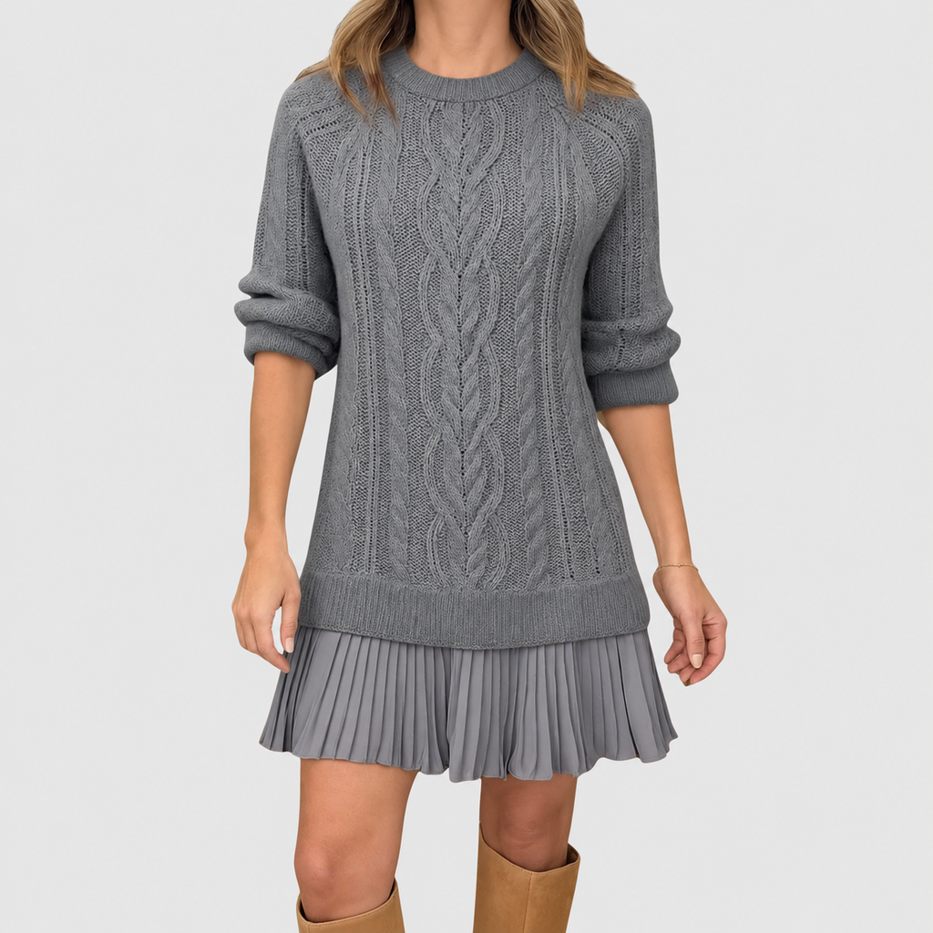 Women's Classic Cable Knit Jumper Dress with Pleated Hem in Grey — view 4