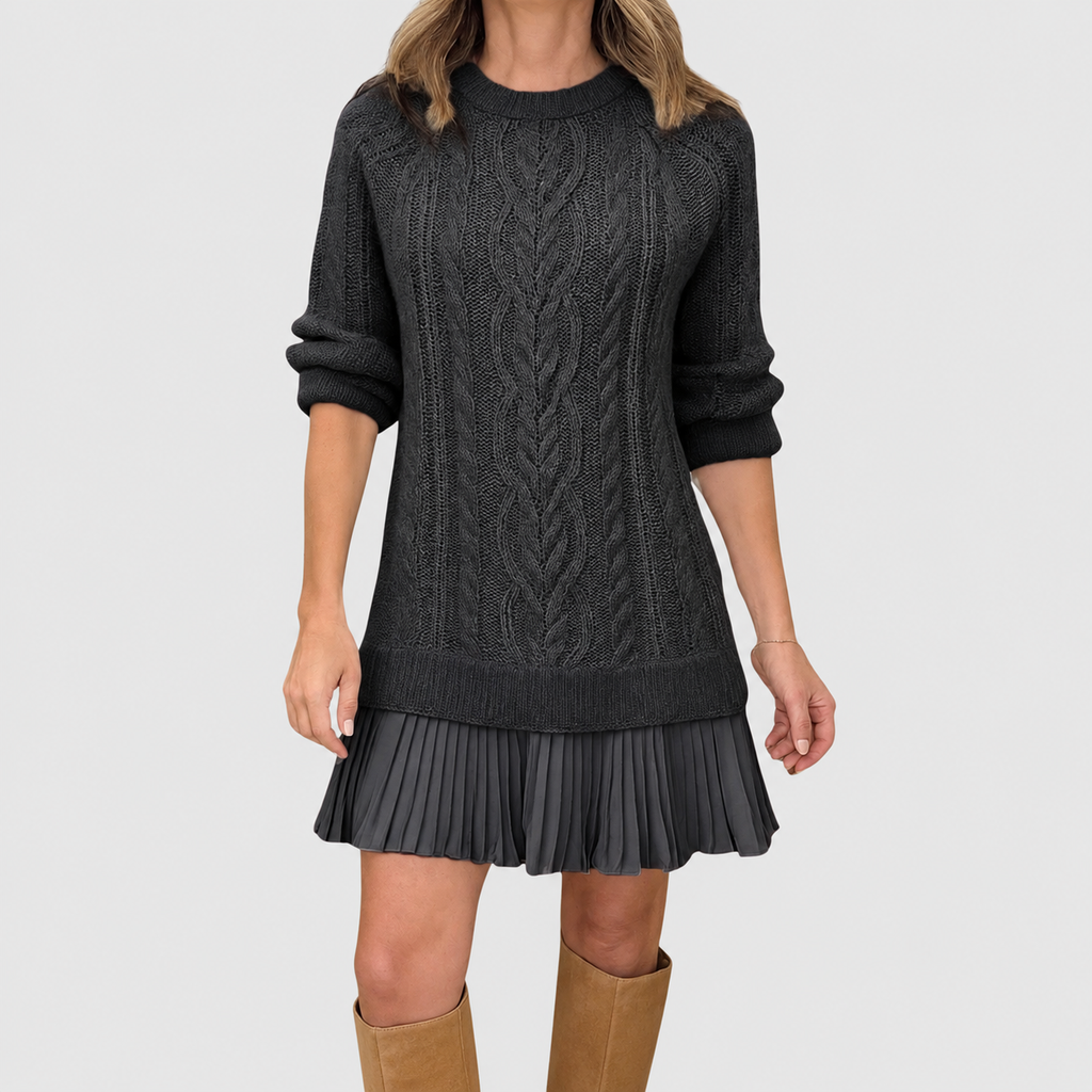 Women's Classic Cable Knit Jumper Dress with Pleated Hem in Black — view 5