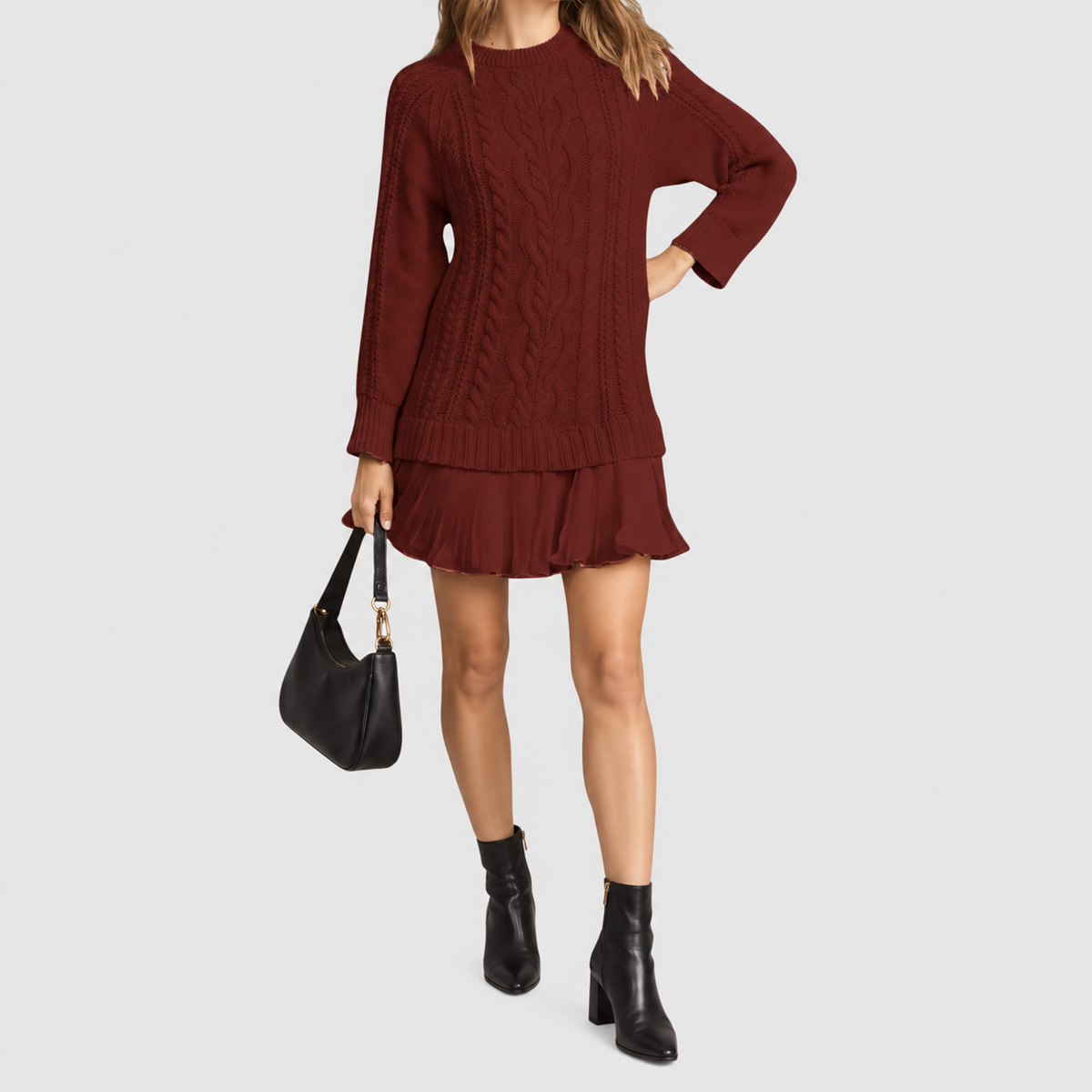Women's Classic Cable Knit Jumper Dress with Pleated Hem in Deep Red — view 6