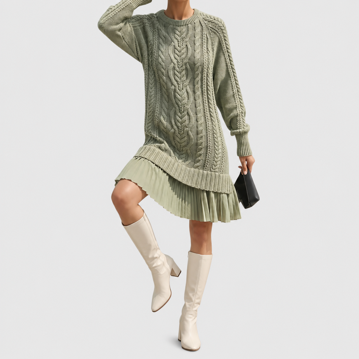 Women's Classic Cable Knit Jumper Dress with Pleated Hem in Green — view 7