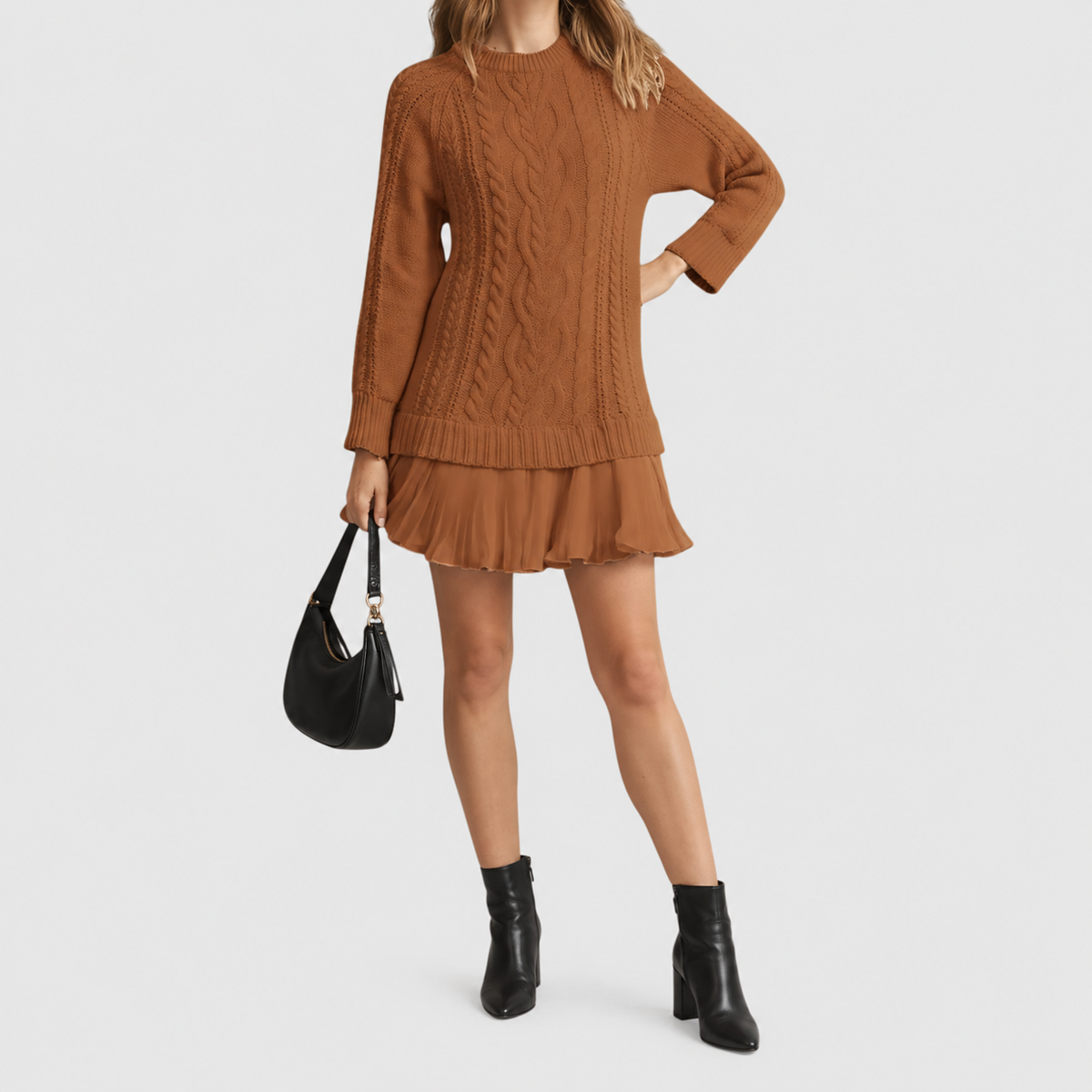 Women's Classic Cable Knit Jumper Dress with Pleated Hem in Caramel Brown — view 8