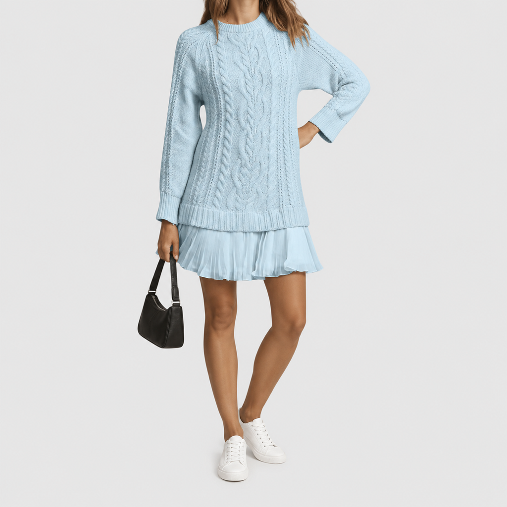 Women's Classic Cable Knit Jumper Dress with Pleated Hem in Light Blue — view 9