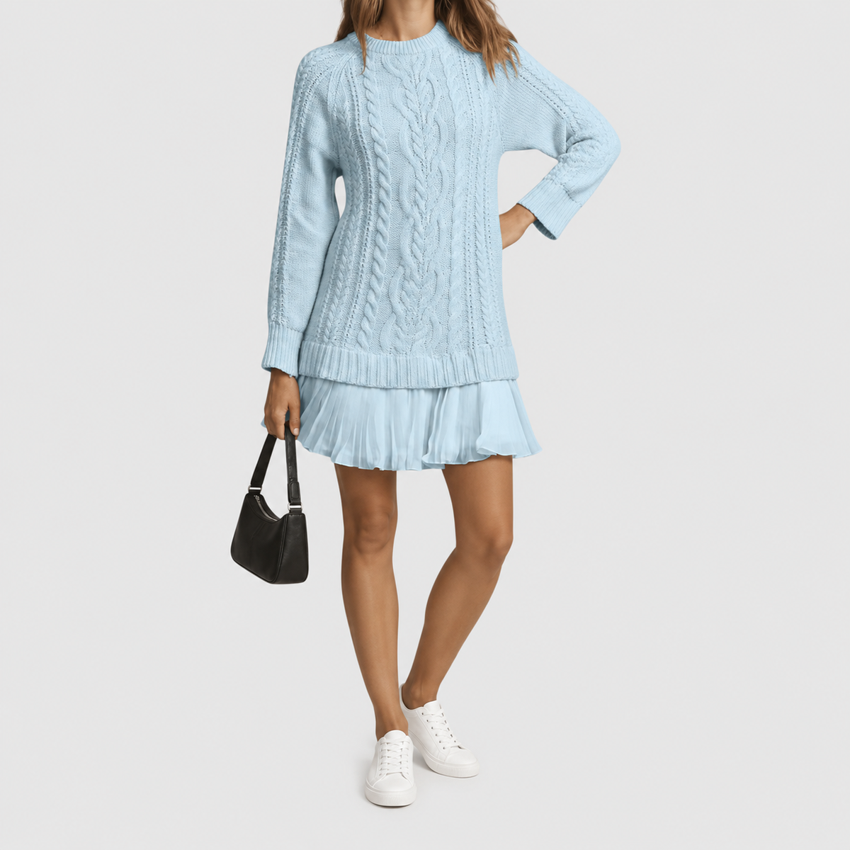Women's Classic Cable Knit Jumper Dress with Pleated Hem in Light Blue — view 9