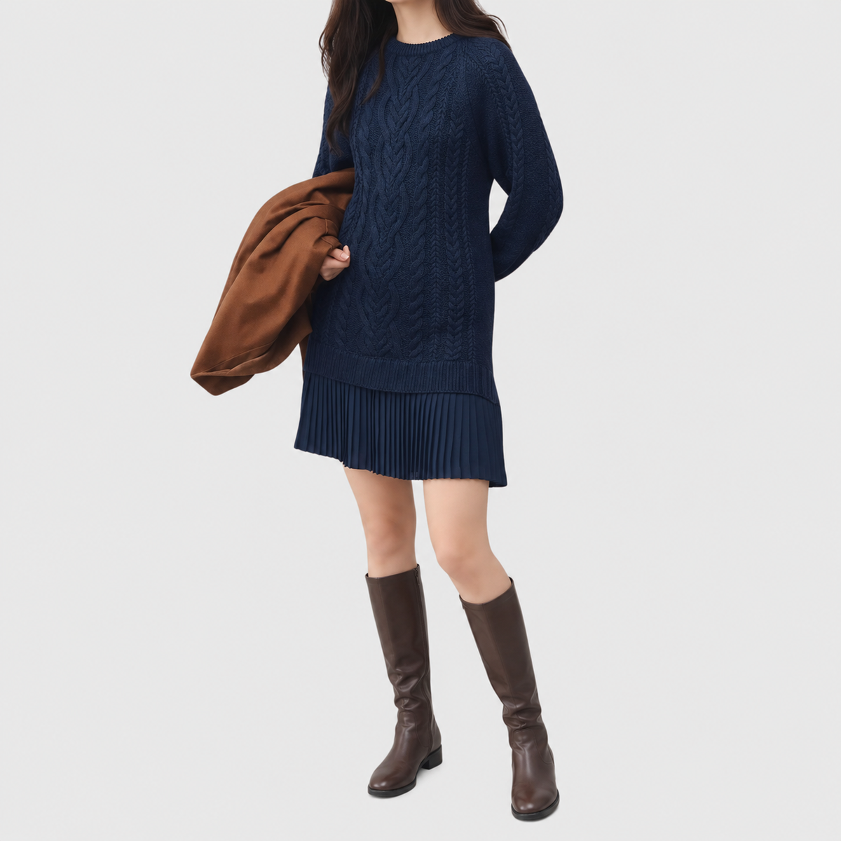 Women's Classic Cable Knit Jumper Dress with Pleated Hem in Dark Blue — view 10