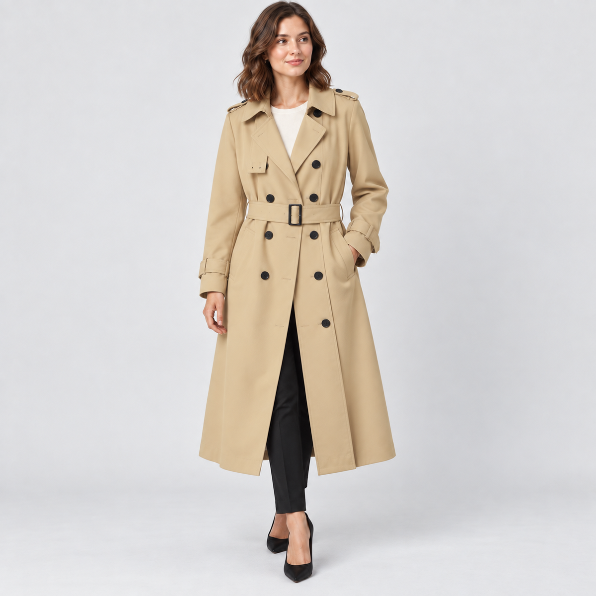 Eleanor Long Belted Trench Coat with Buckle Waist in dark green, studio view