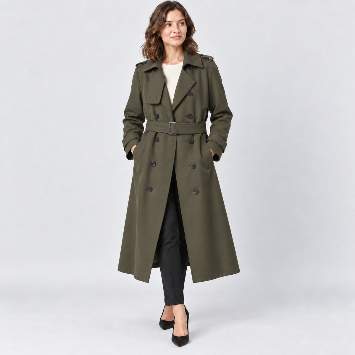 Eleanor Long Belted Trench Coat with Buckle Waist in dark green, front view