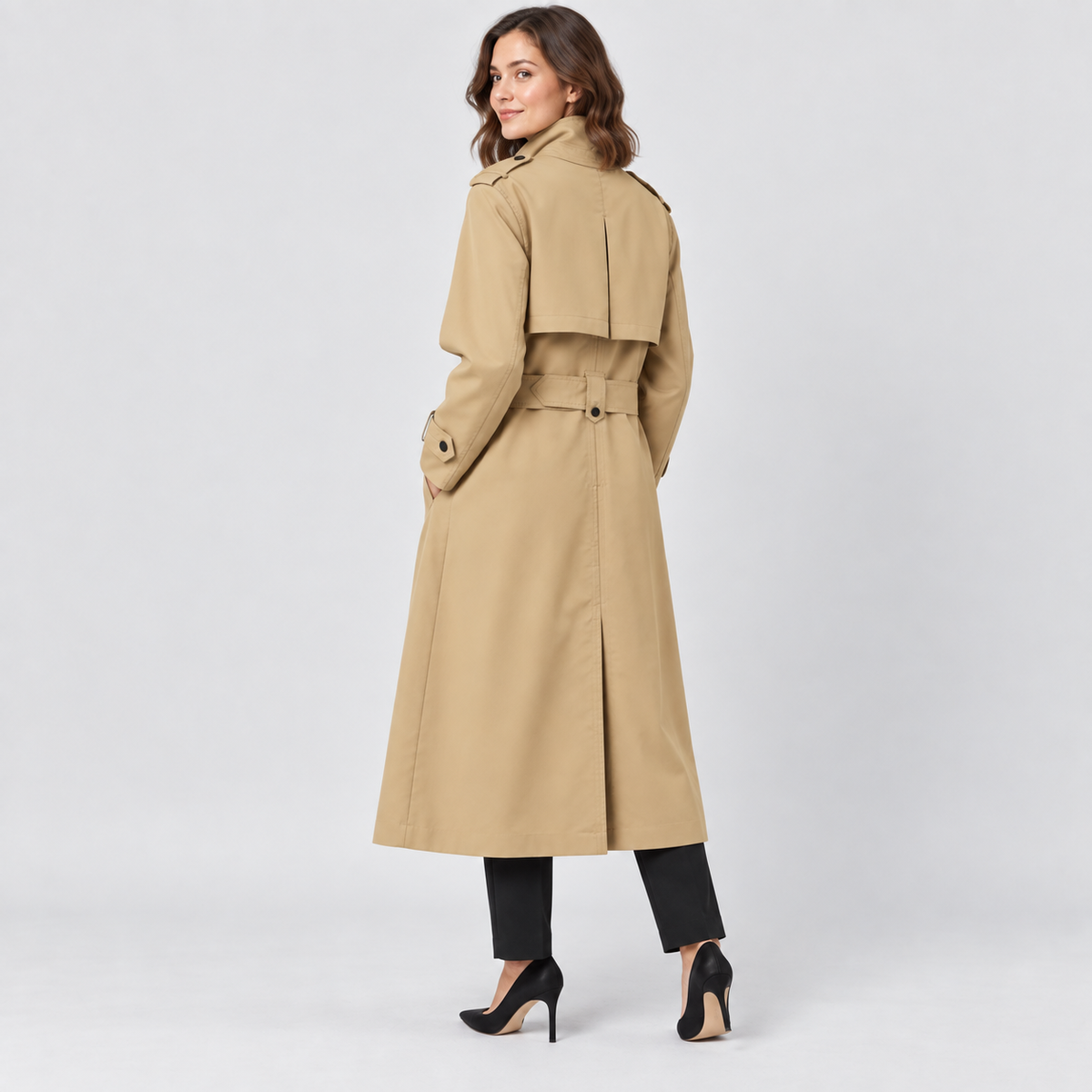 Eleanor Long Belted Trench Coat with Buckle Waist in beige, back view