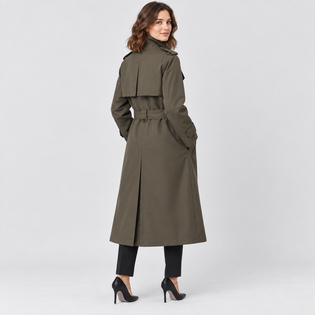 Eleanor Long Belted Trench Coat with Buckle Waist in dark green, back view