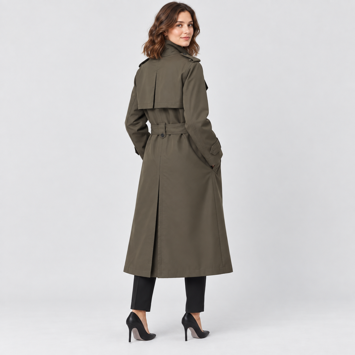 Eleanor Long Belted Trench Coat with Buckle Waist in dark green, back view