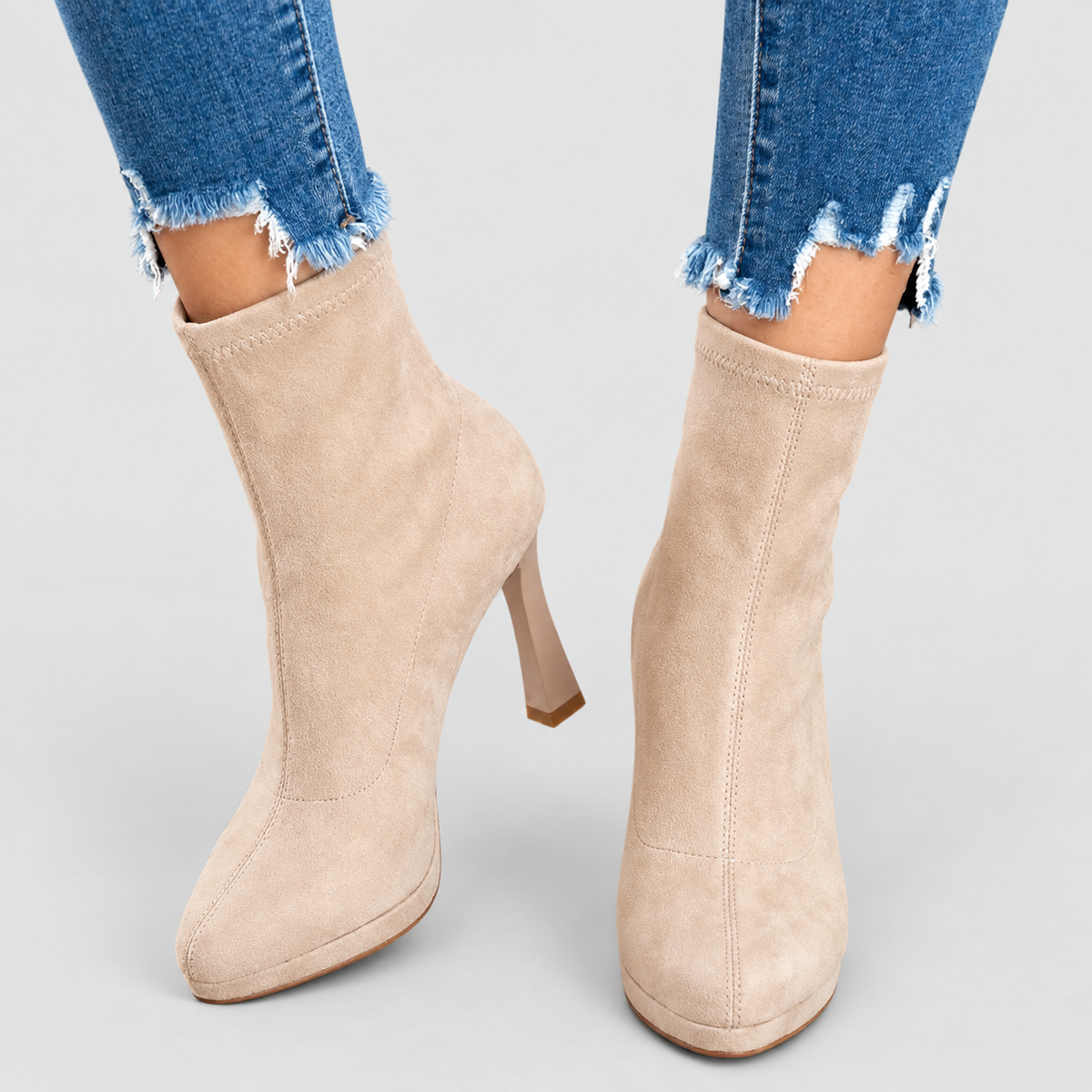 Women's High Block-Heel Faux Suede Ankle Boots in Beige — view 1