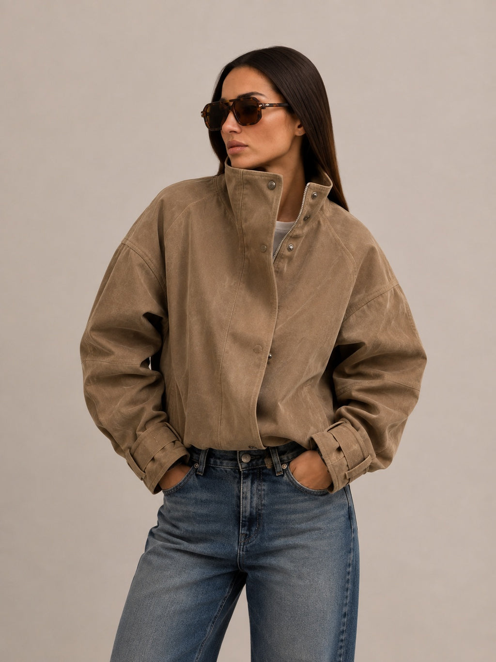 Eleri | Women's Faux Suede Jacket with Zip and Stand Collar
