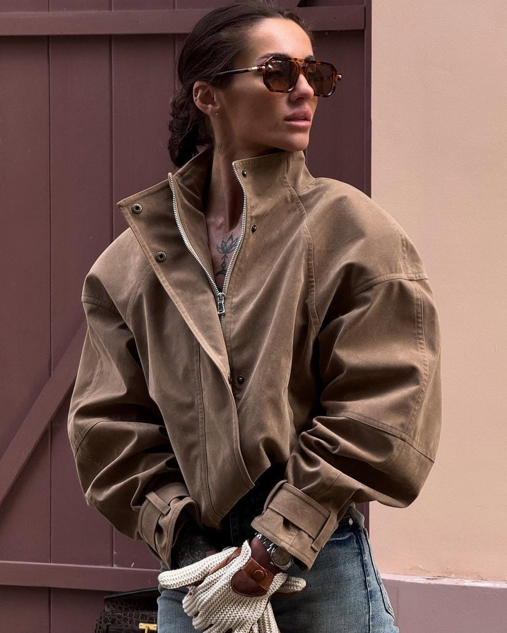 Eleri | Women's Faux Suede Jacket with Zip and Stand Collar