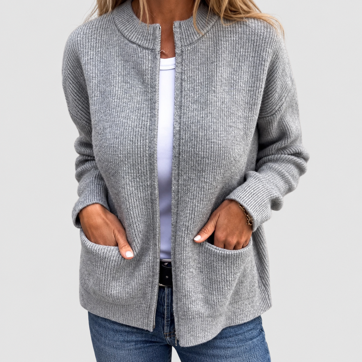 Women's Cotton Knitted Zip Cardigan in Grey — view 1