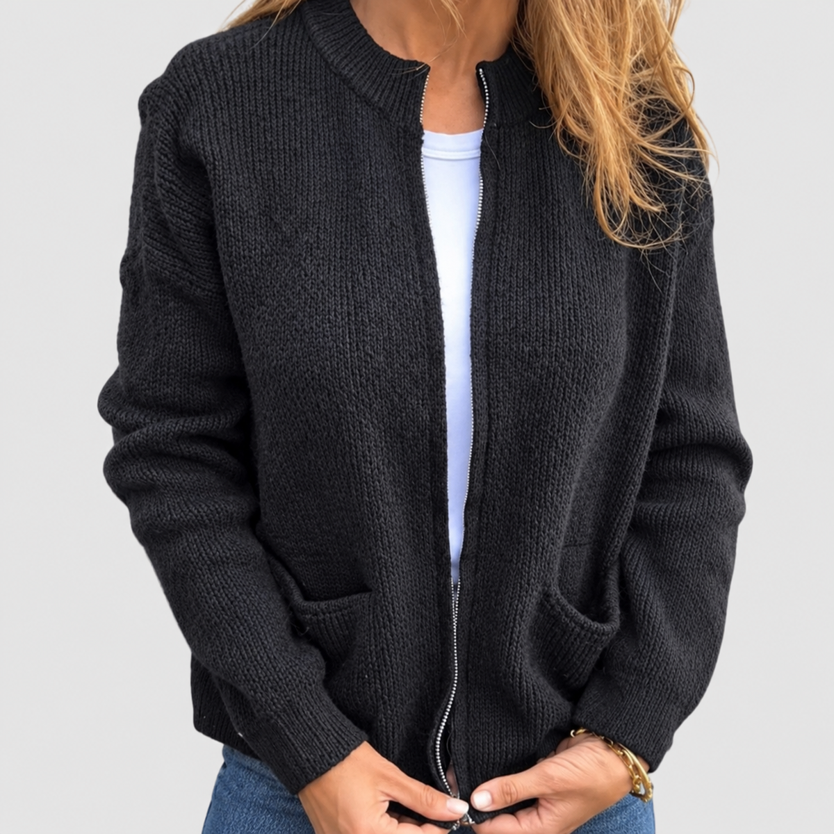 Women's Cotton Knitted Zip Cardigan in Black — view 4