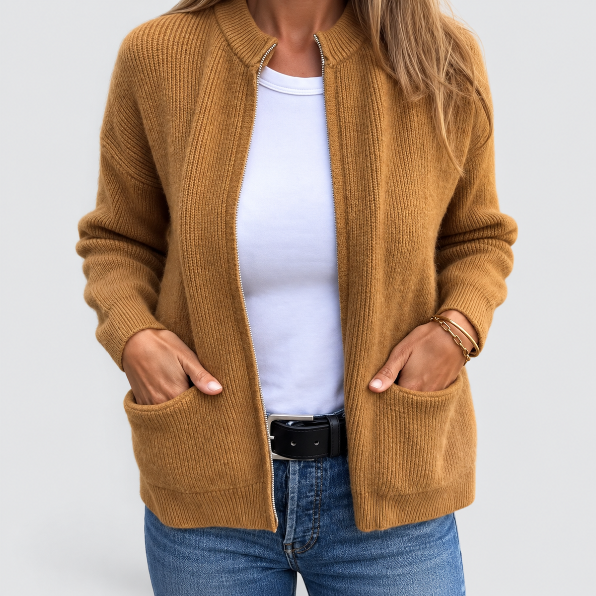 Women's Cotton Knitted Zip Cardigan in Brown — view 5