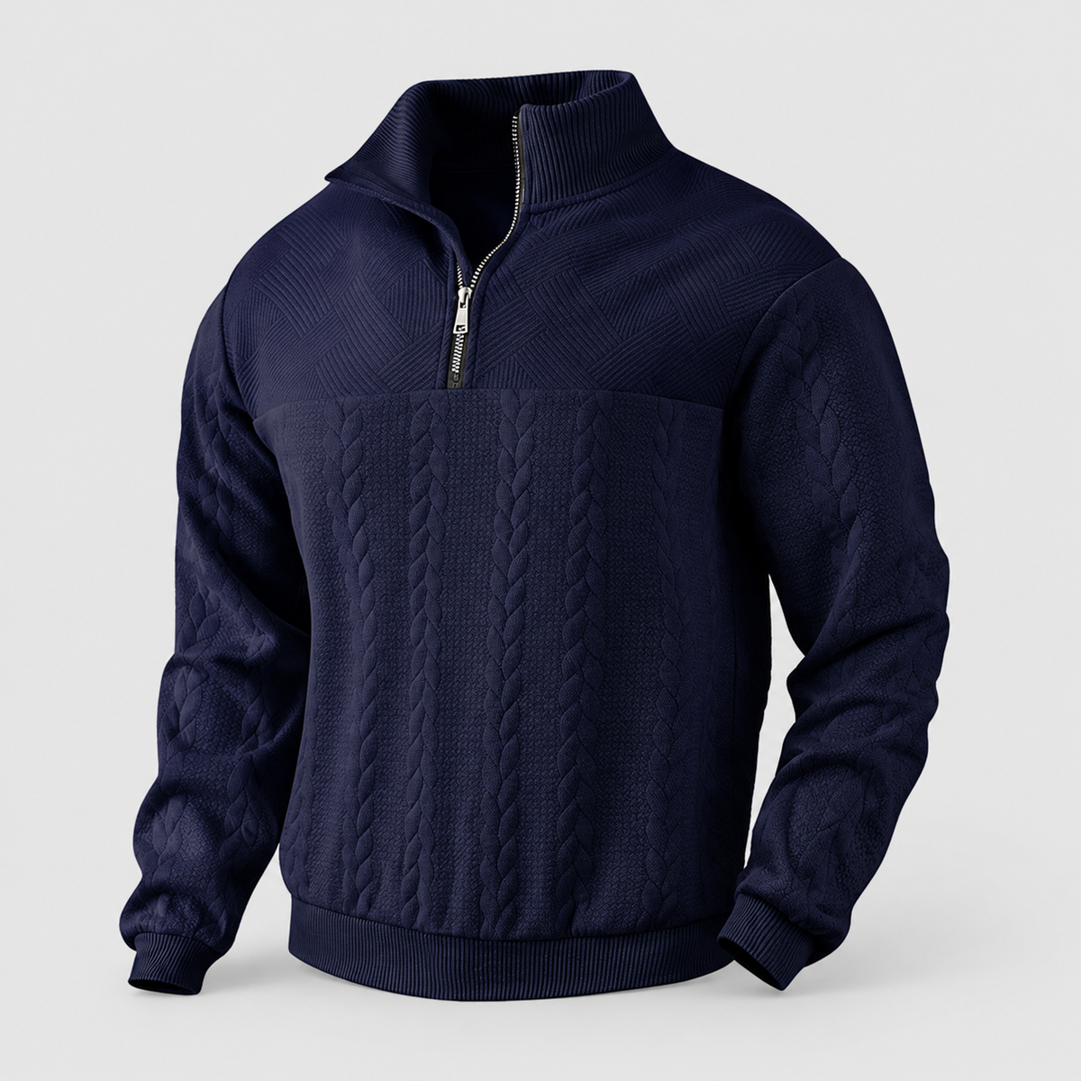 Men's Jacquard Quarter-Zip Jumper in Navy Blue — view 9