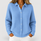 Women's Waffle Rib Knit Cardigan with Shirt Collar in Blue — view 1