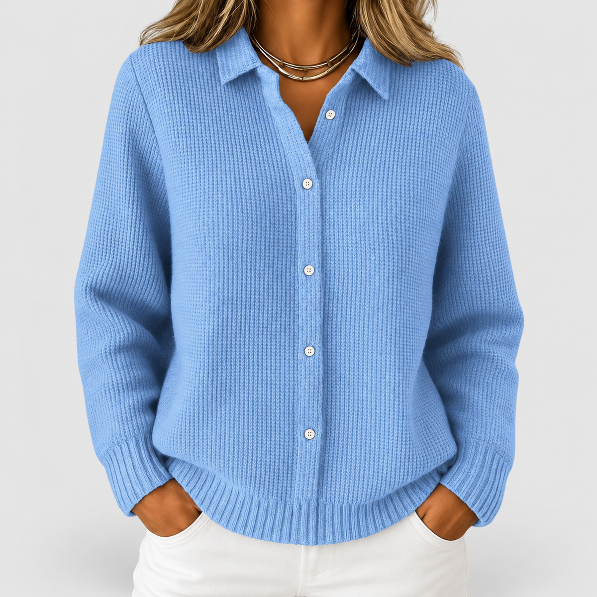 Women's Waffle Rib Knit Cardigan with Shirt Collar in Blue — view 1