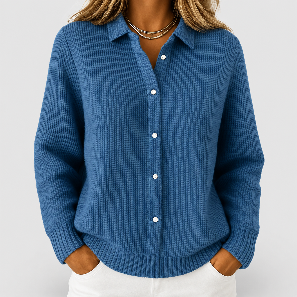 Women's Waffle Rib Knit Cardigan with Shirt Collar in Dark Blue — view 2