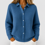 Women's Waffle Rib Knit Cardigan with Shirt Collar in Dark Blue — view 2