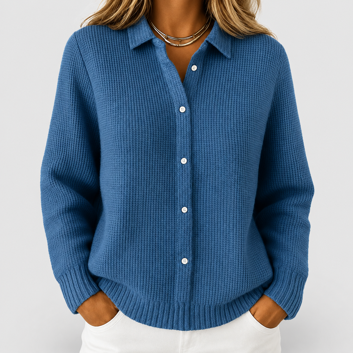 Women's Waffle Rib Knit Cardigan with Shirt Collar in Dark Blue — view 2