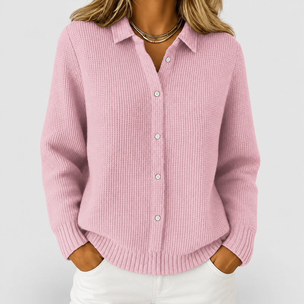 Women's Waffle Rib Knit Cardigan with Shirt Collar in Pink — view 3