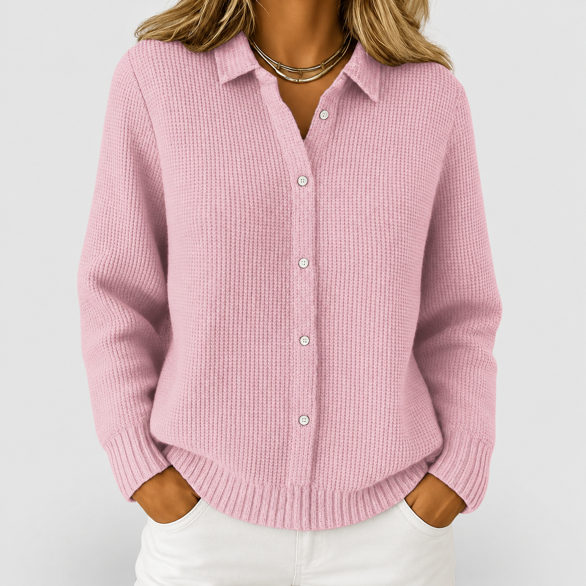 Women's Waffle Rib Knit Cardigan with Shirt Collar in Pink — view 3