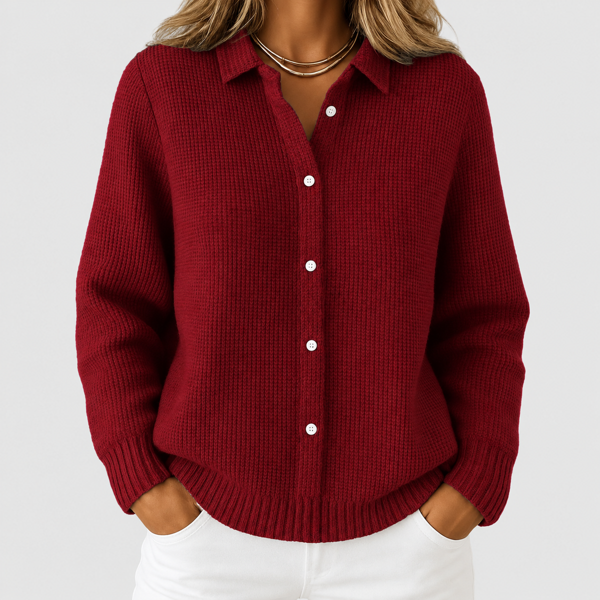 Women's Waffle Rib Knit Cardigan with Shirt Collar in Burgundy — view 4