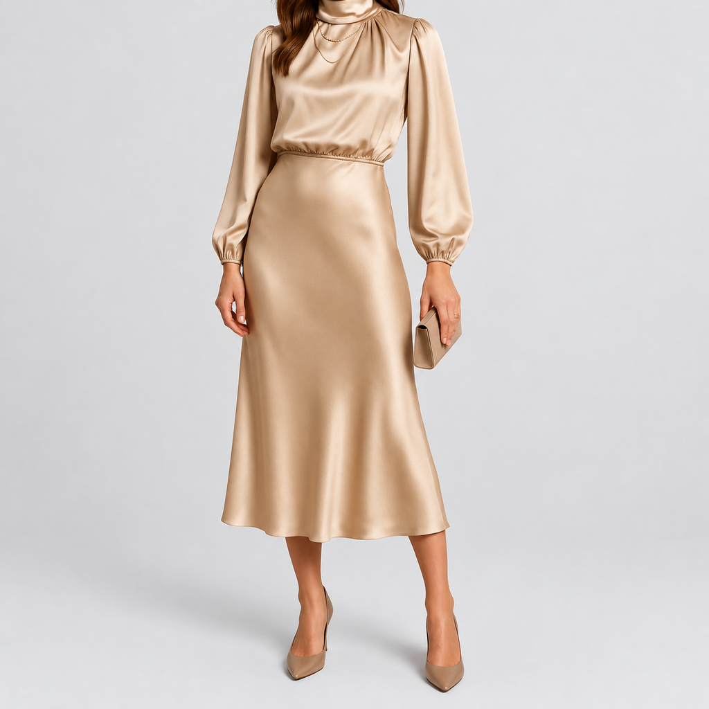 Women's High-Neck Midi Dress with Long Sleeves in Beige — view 1