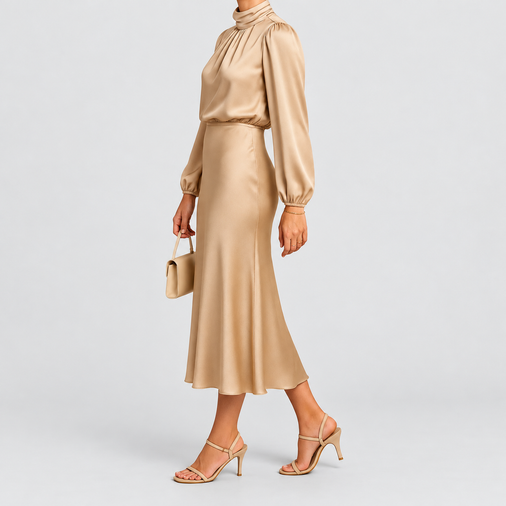 Women's High-Neck Midi Dress with Long Sleeves — view 2
