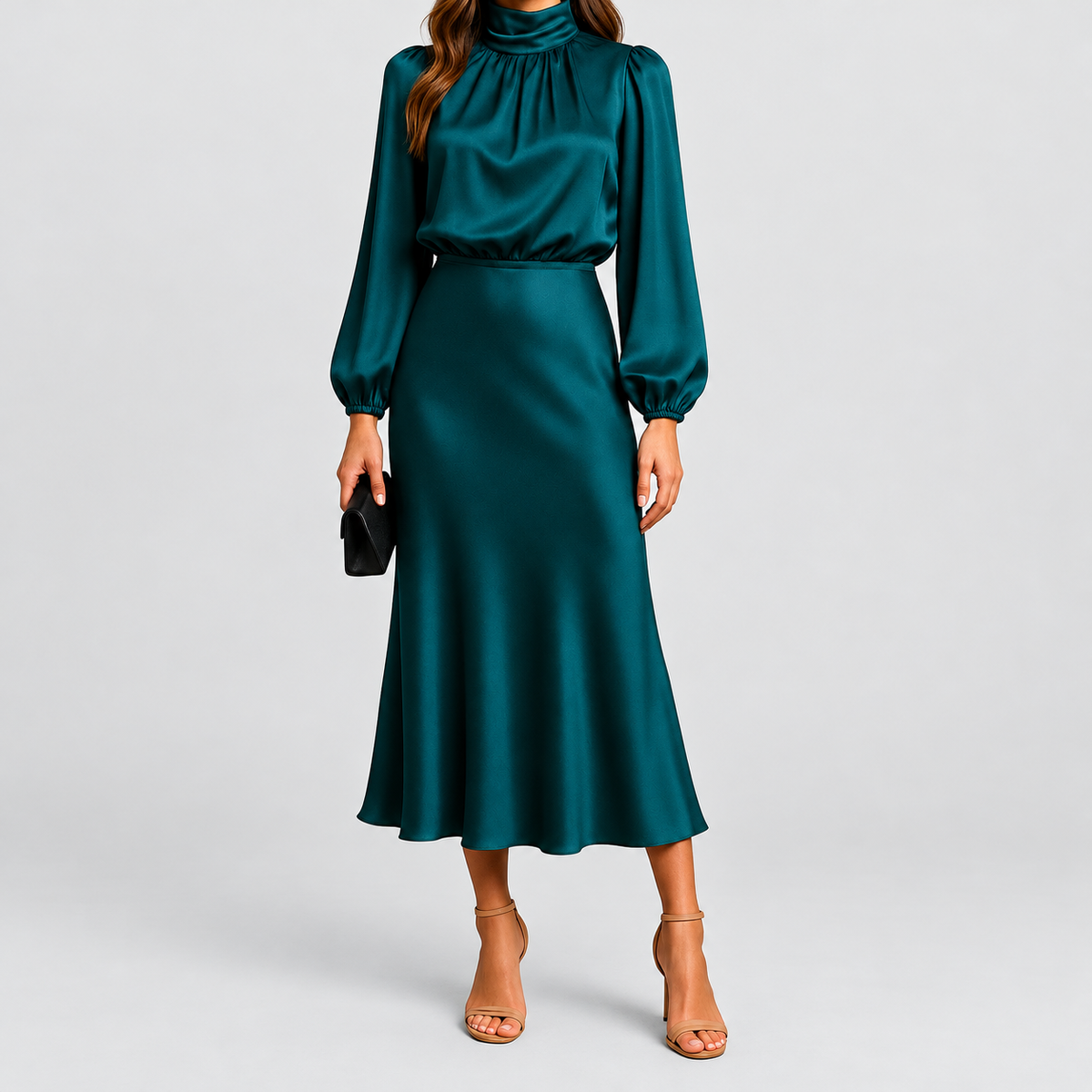 Women's High-Neck Midi Dress with Long Sleeves in Teal Blue — view 6