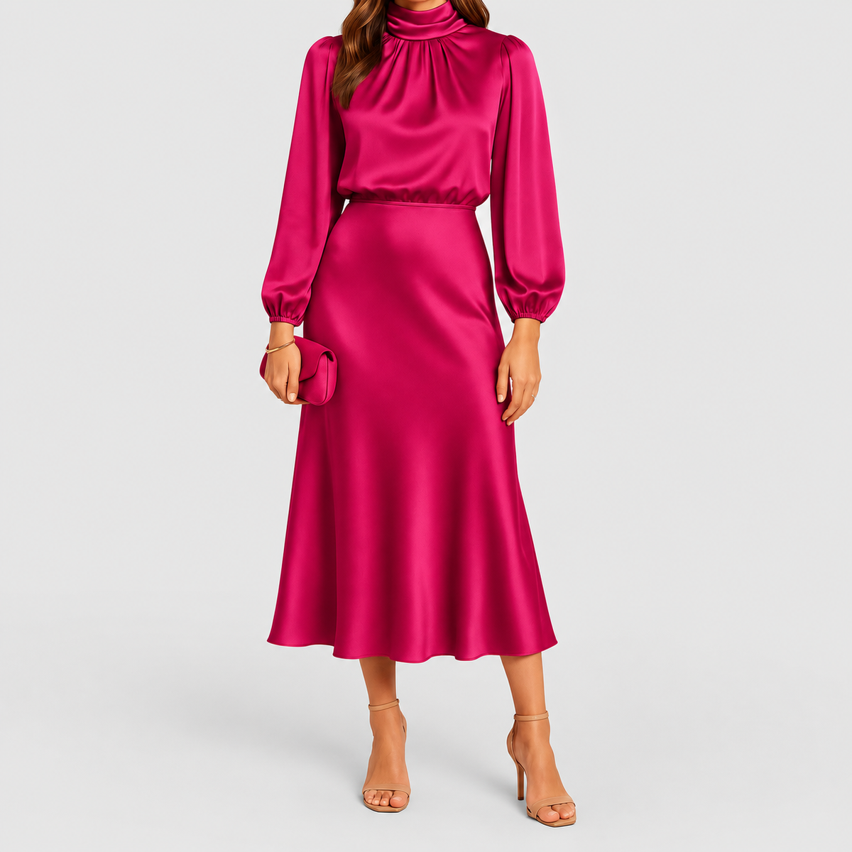 Women's High-Neck Midi Dress with Long Sleeves in Hot Pink — view 7